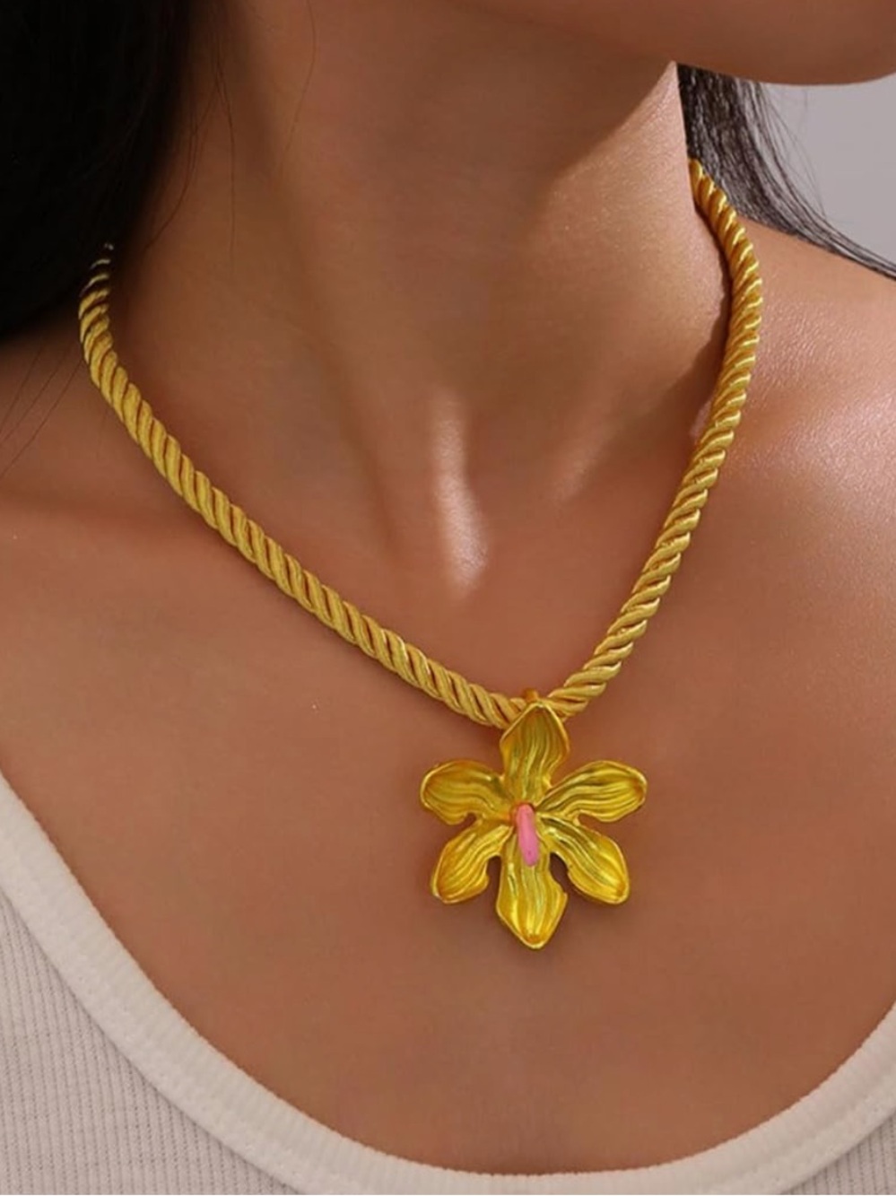 Chic Nation Rope Choker with Yellow Flower and Pink Center